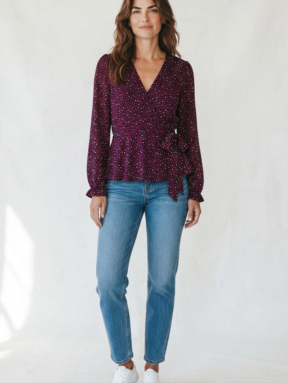 meraki Purple Heart-Print Wrap Blouse